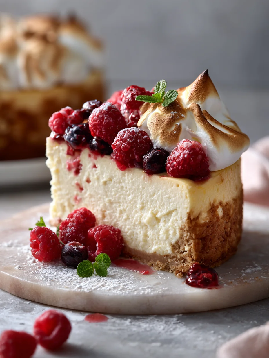This lemon raspberry meringue cheesecake with fresh berries is a simple dessert recipe made with everyday ingredients. Perfect for busy days and family meals.