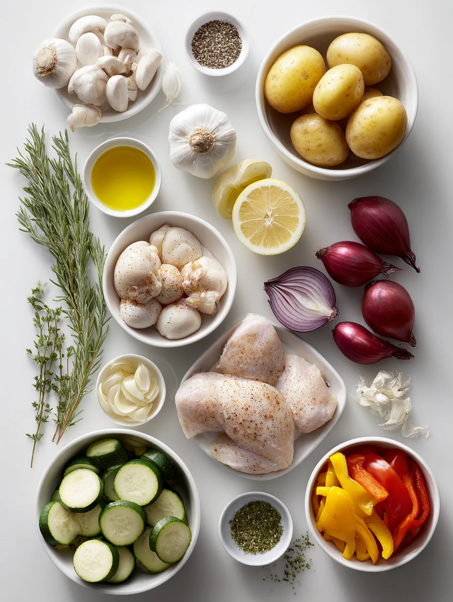 Ingredients for Zesty Lemon Herb Chicken with Colorful Roasted Veggies