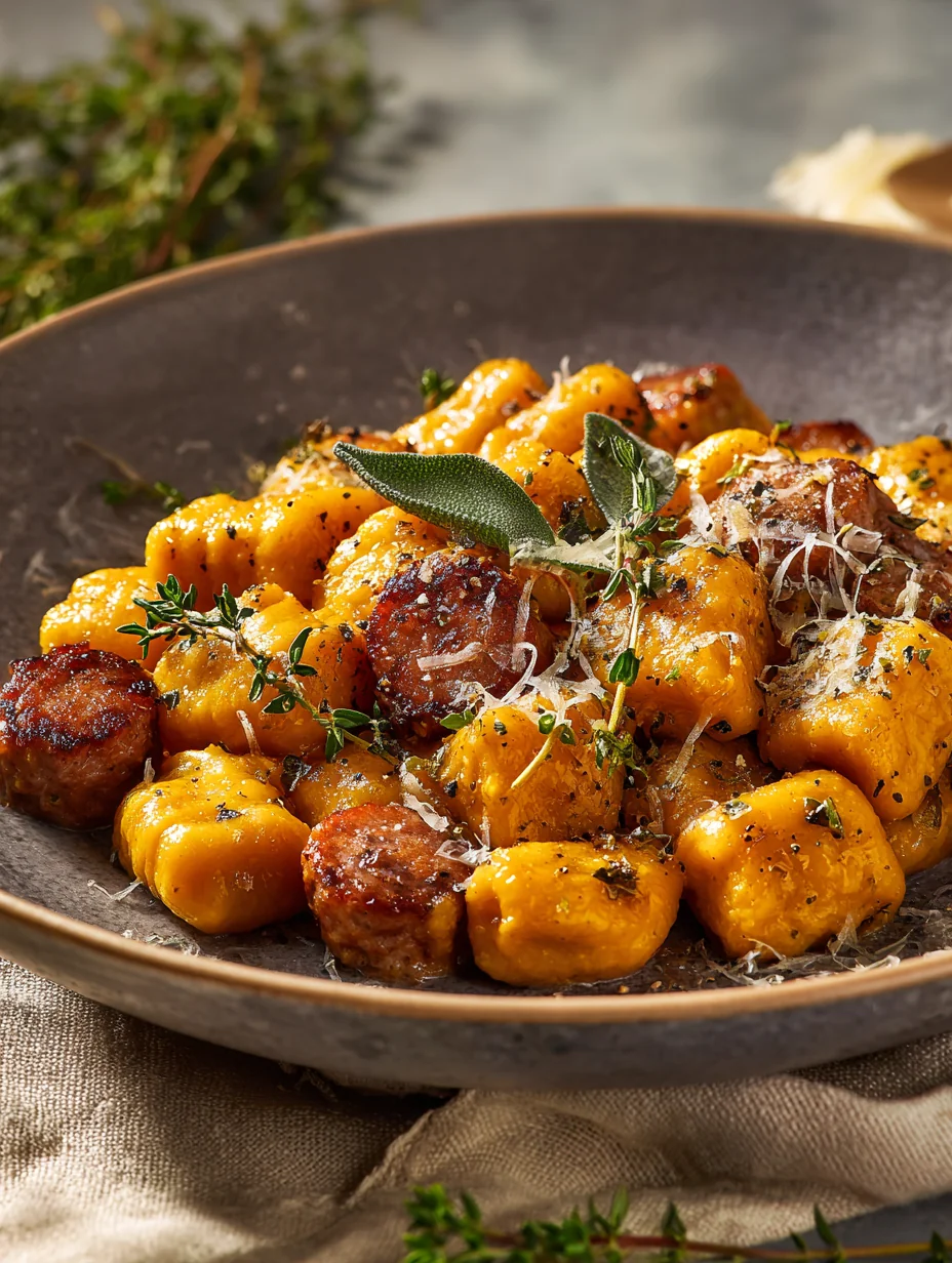 This creamy butternut squash gnocchi with sausage, thyme, and sage is a simple dinner recipe made with everyday ingredients. Perfect for busy days and family meals.