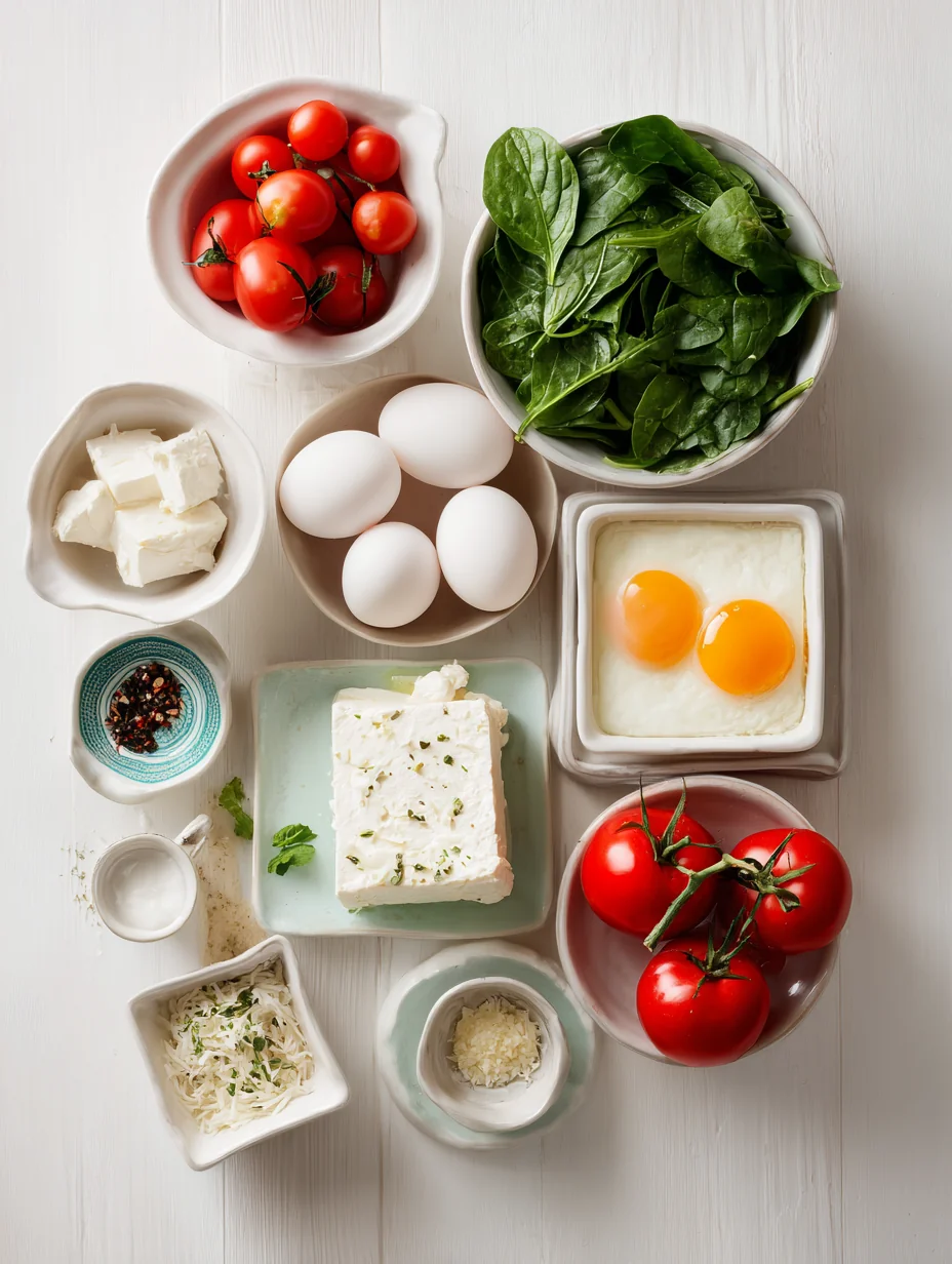 Ingredients for Baked Feta Eggs with Spinach and Tomatoes