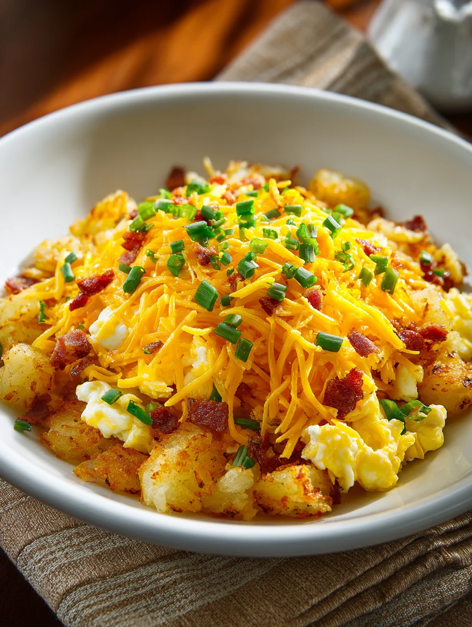 This loaded hash brown breakfast bowl with scrambled eggs & cheese is a simple breakfast recipe made with everyday ingredients. Perfect for busy days and family meals.