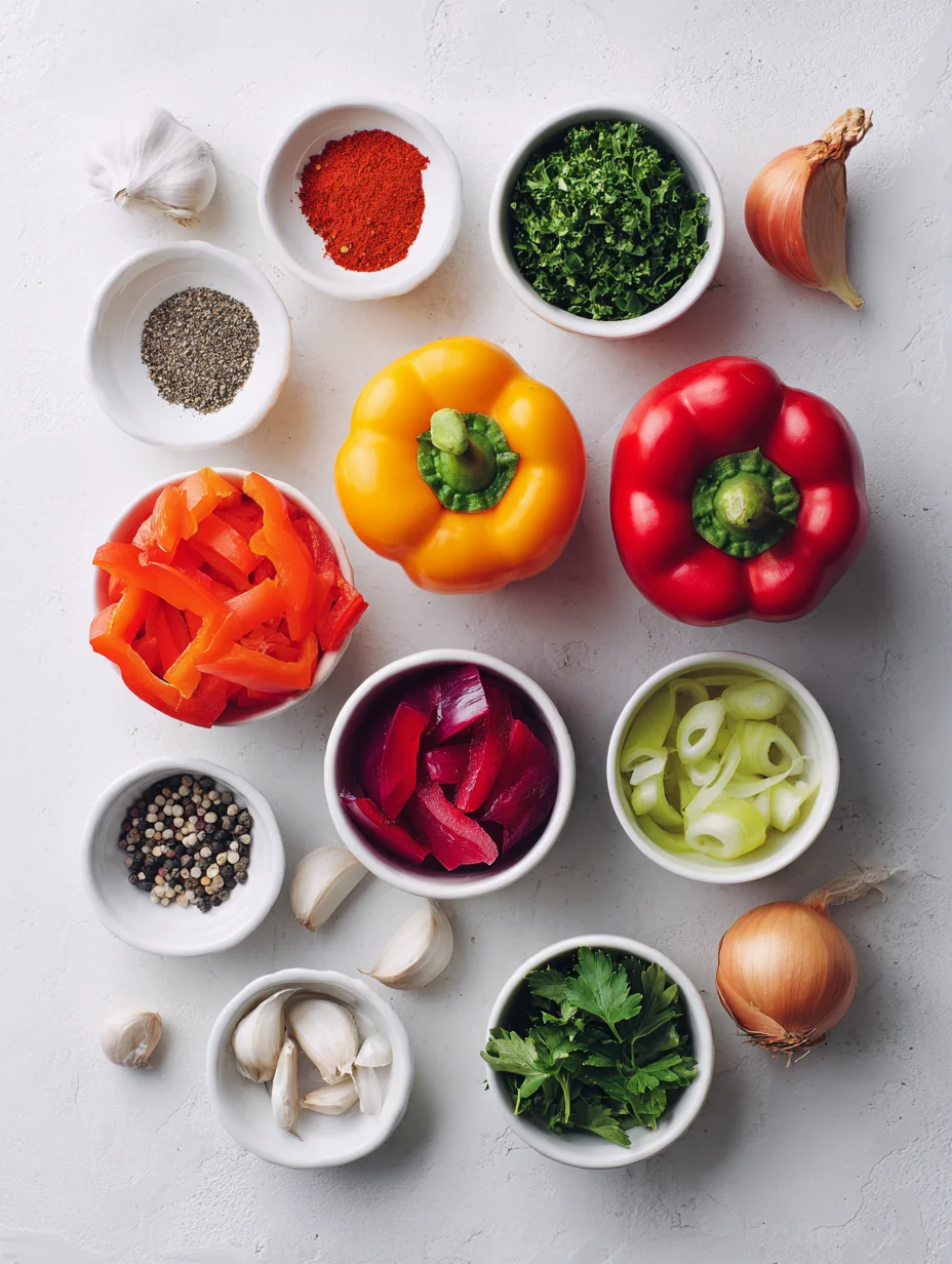 Ingredients for Colorful Veggie Delight Stuffed Peppers are a feast for both