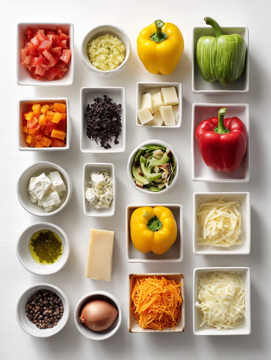 Ingredients for Sizzling Stuffed Bell Peppers with Rainbow Veggies & Cheese