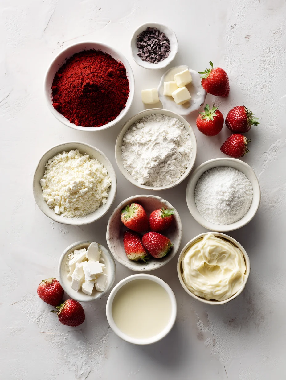 Ingredients for Red Velvet Strawberry Pancakes with Creamy Cheese Drizzle