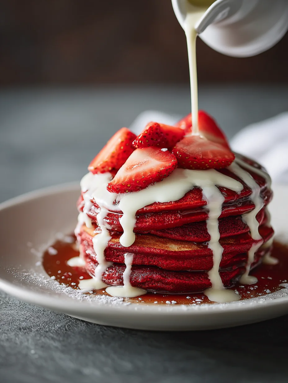 This red velvet strawberry pancakes with creamy cheese drizzle is a simple dinner recipe made with everyday ingredients. Perfect for busy days and family meals.