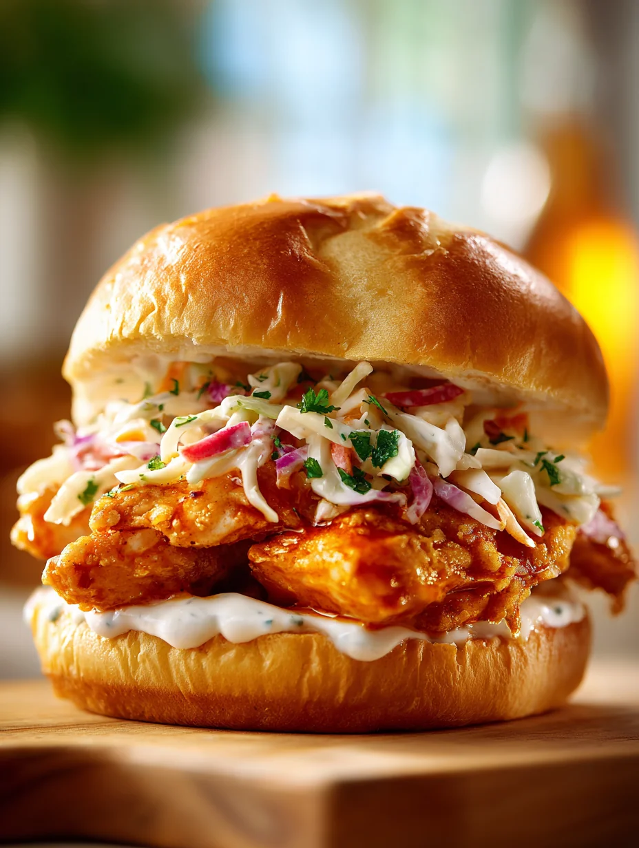 This crispy buffalo chicken sandwich with ranch slaw - spicy game day recipe is a simple lunch recipe made with everyday ingredients. Perfect for busy days and family meals.