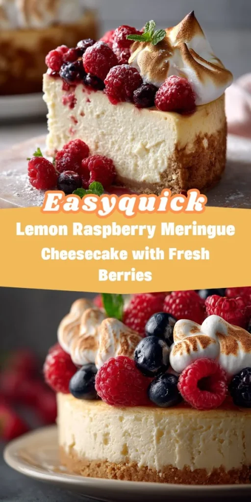 This lemon raspberry meringue cheesecake with fresh berries is a simple dessert recipe made with everyday ingredients. Perfect for busy days and family meals.