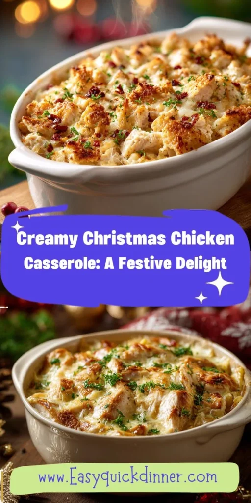 This creamy christmas chicken casserole: a festive delight is a simple dinner recipe made with everyday ingredients. Perfect for busy days and family meals.