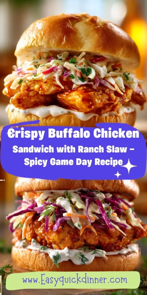 This crispy buffalo chicken sandwich with ranch slaw - spicy game day recipe is a simple lunch recipe made with everyday ingredients. Perfect for busy days and family meals.