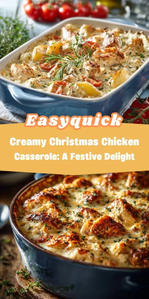 This creamy christmas chicken casserole: a festive delight is a simple dinner recipe made with everyday ingredients. Perfect for busy days and family meals.