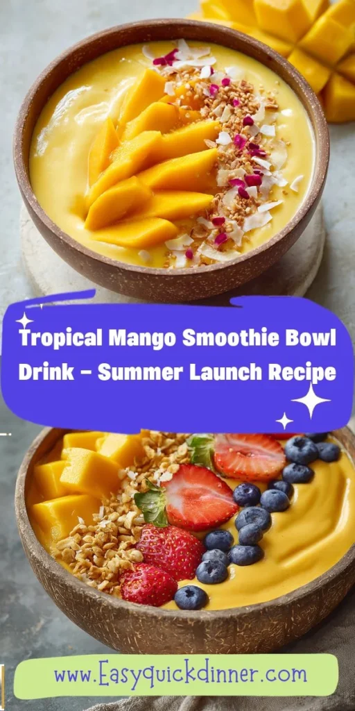 This tropical mango smoothie bowl drink - summer launch recipe is a simple drink recipe made with everyday ingredients. Perfect for busy days and family meals.