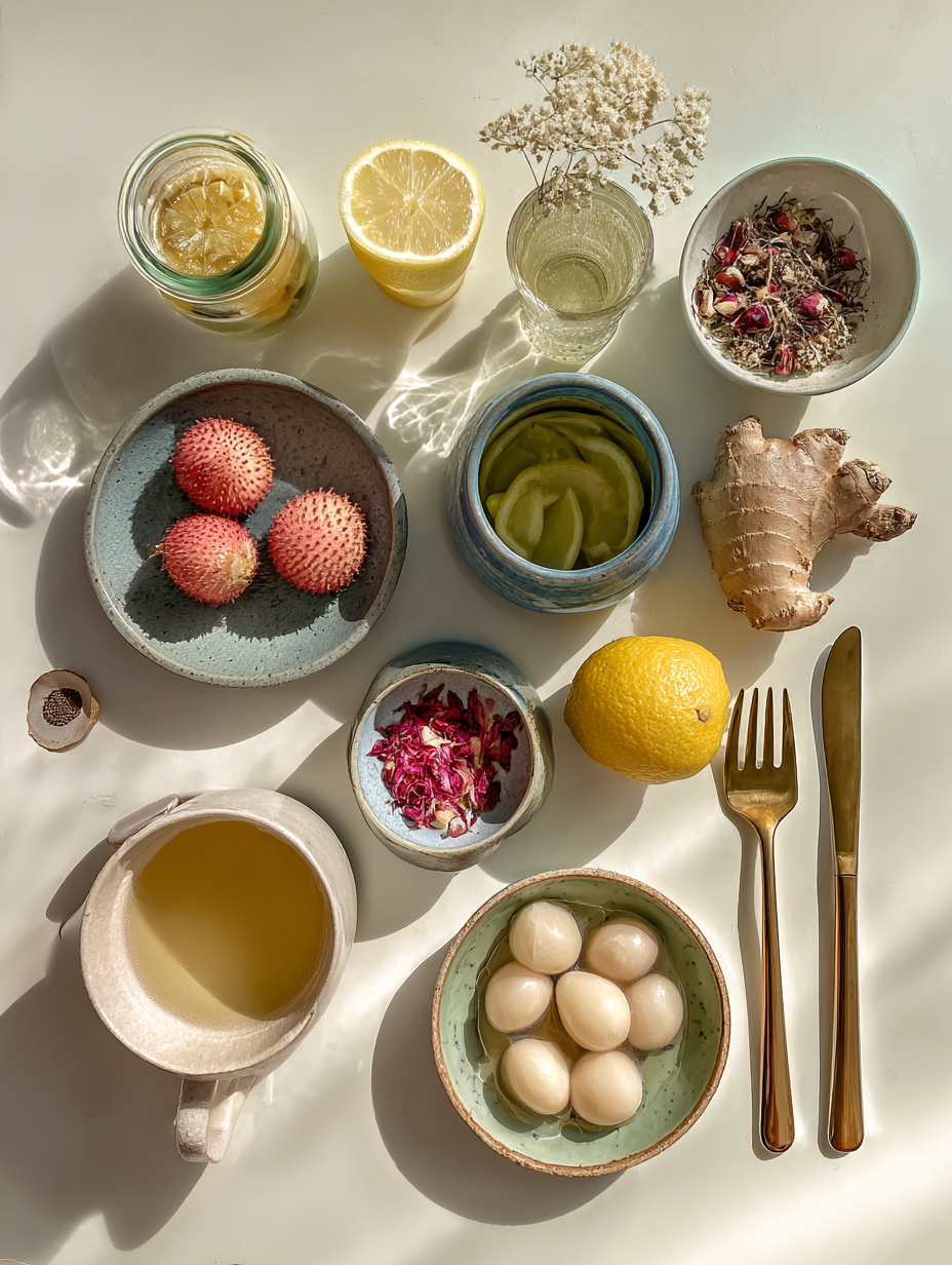 Ingredients for Lychee Rose Mocktail Recipe Floral Asian Drink