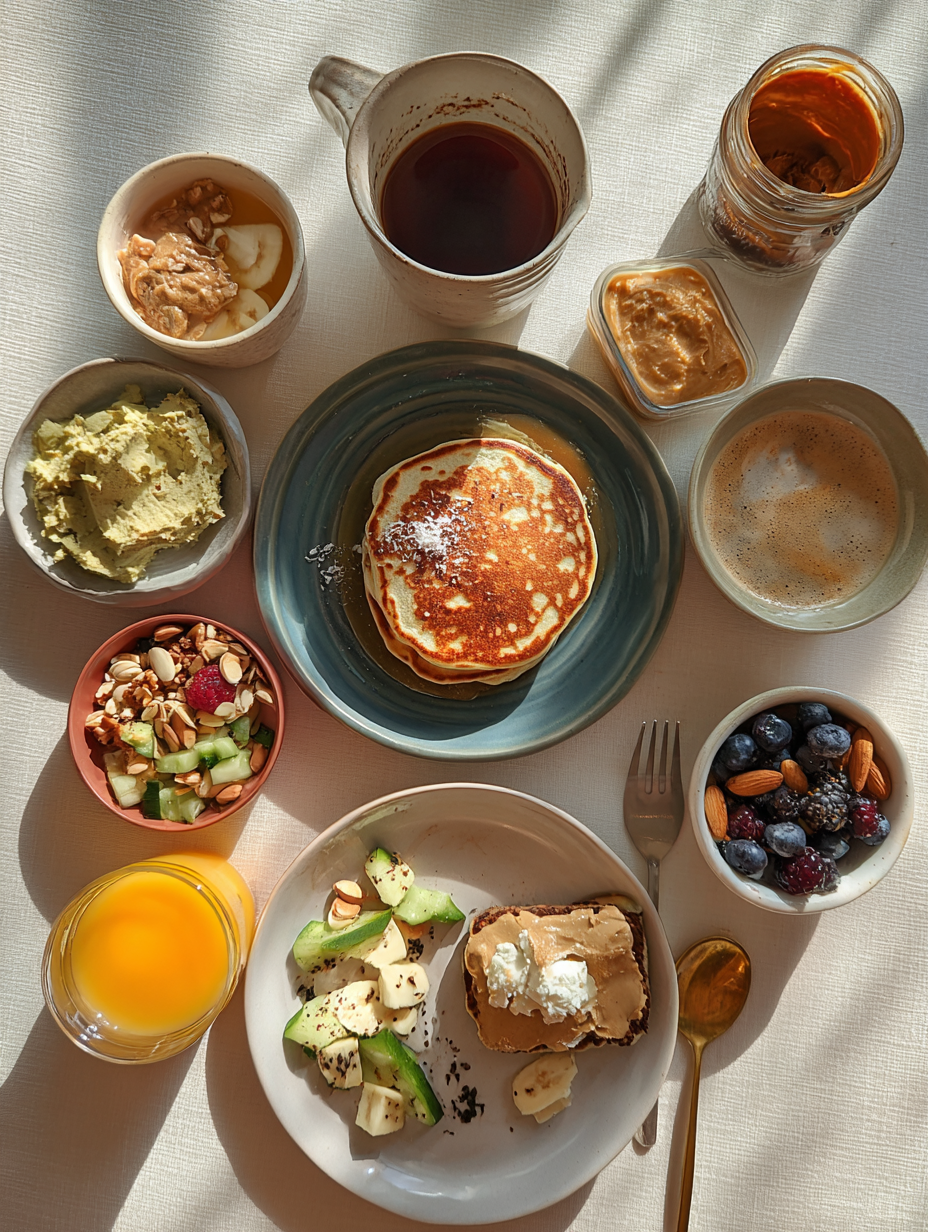 Ingredients for Balanced Protein Pancakes with Almond Butter