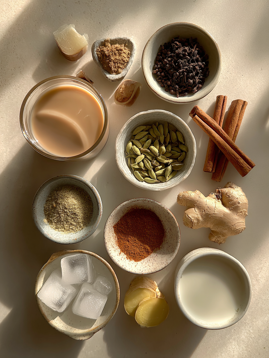 Ingredients for Chai Iced Latte Recipe Spiced Creamy Tea Drink