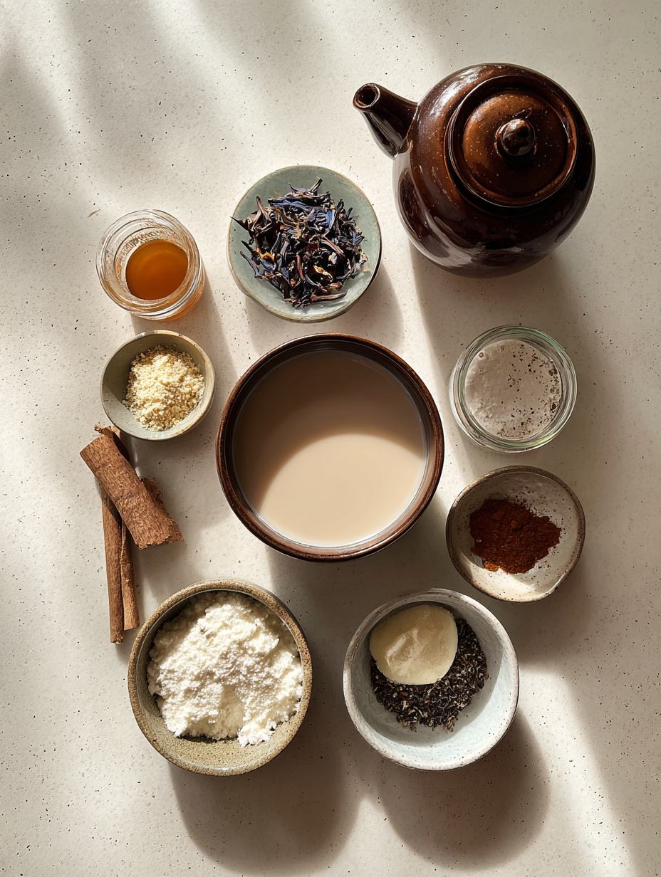 Ingredients for Butterfly Pea Flower Latte Recipe Purple Color Change Drink