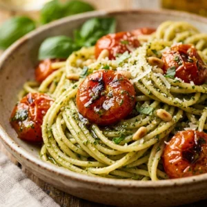 15 Minute Pesto Pasta with Cherry Tomatoes