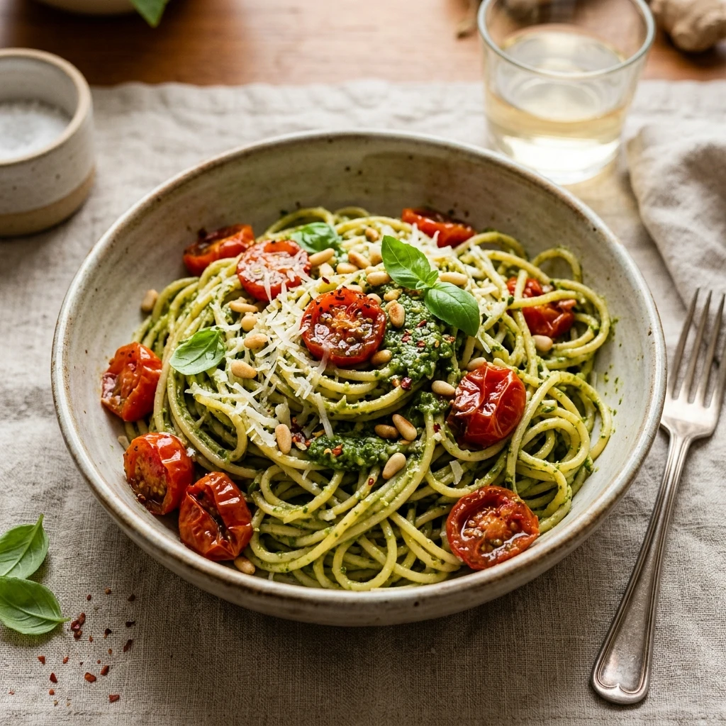 15 Minute Pesto Pasta with Cherry Tomatoes