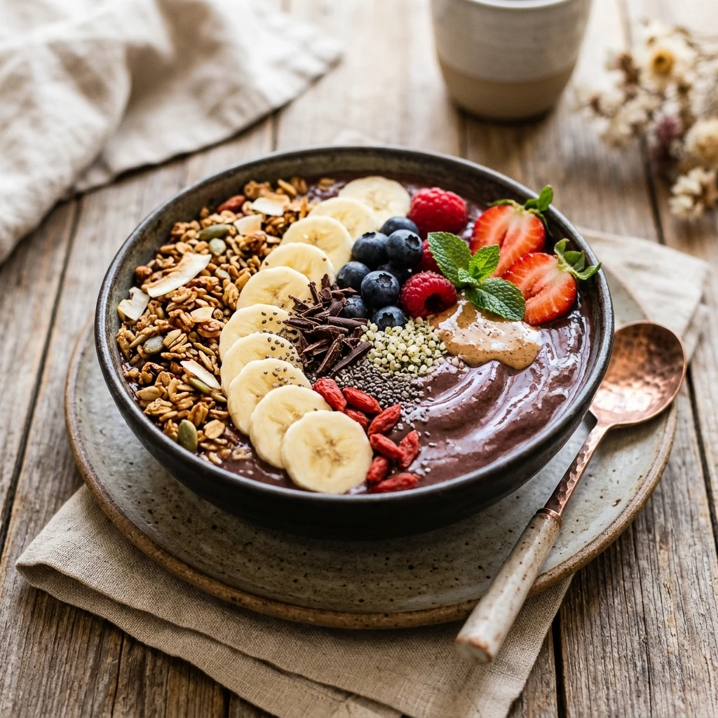 Acai Chocolate Smoothie Bowl Thick Creamy Superfood Granola Fruit Healthy Dessert Viral