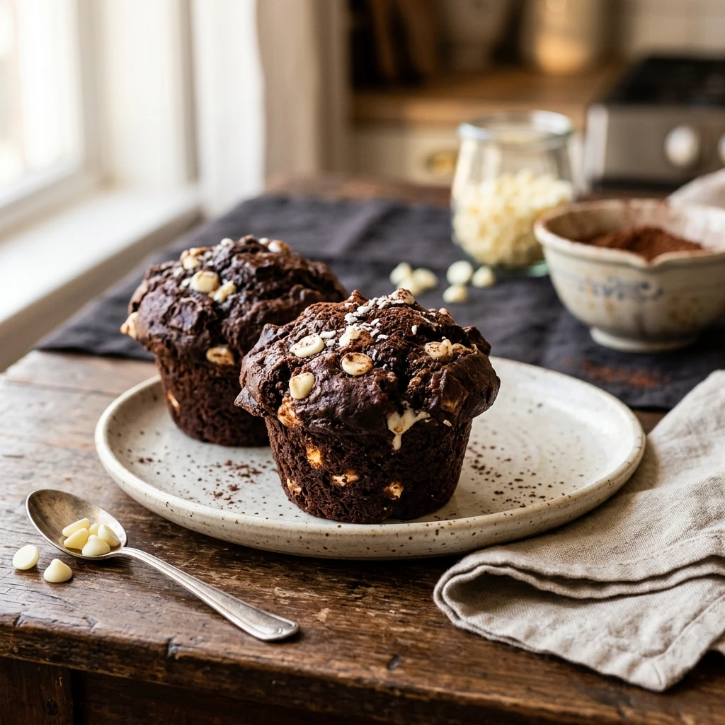 Bakery Style Dark Chocolate Muffins With White Chips