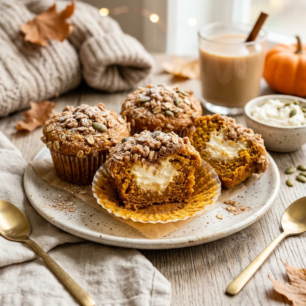 Bakery Style Pumpkin Muffins With Cream Cheese Center Fall