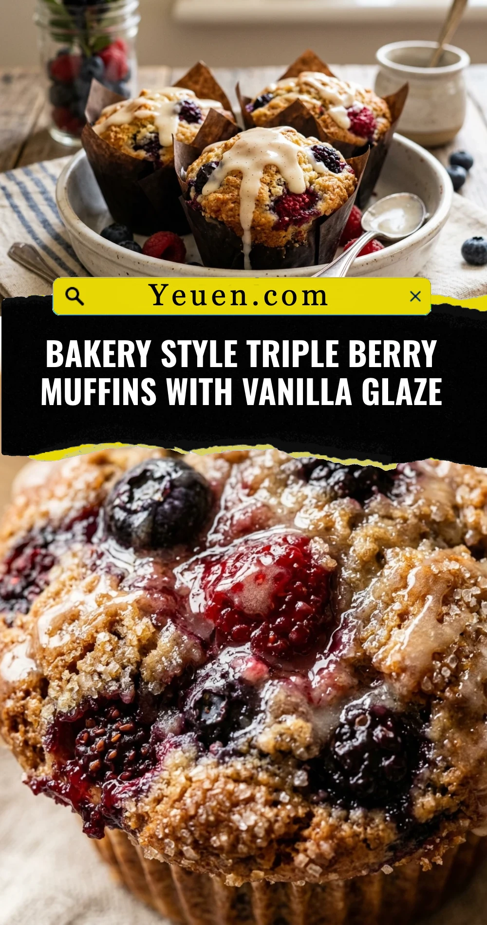 Bakery Style Triple Berry Muffins With Vanilla Glaze
