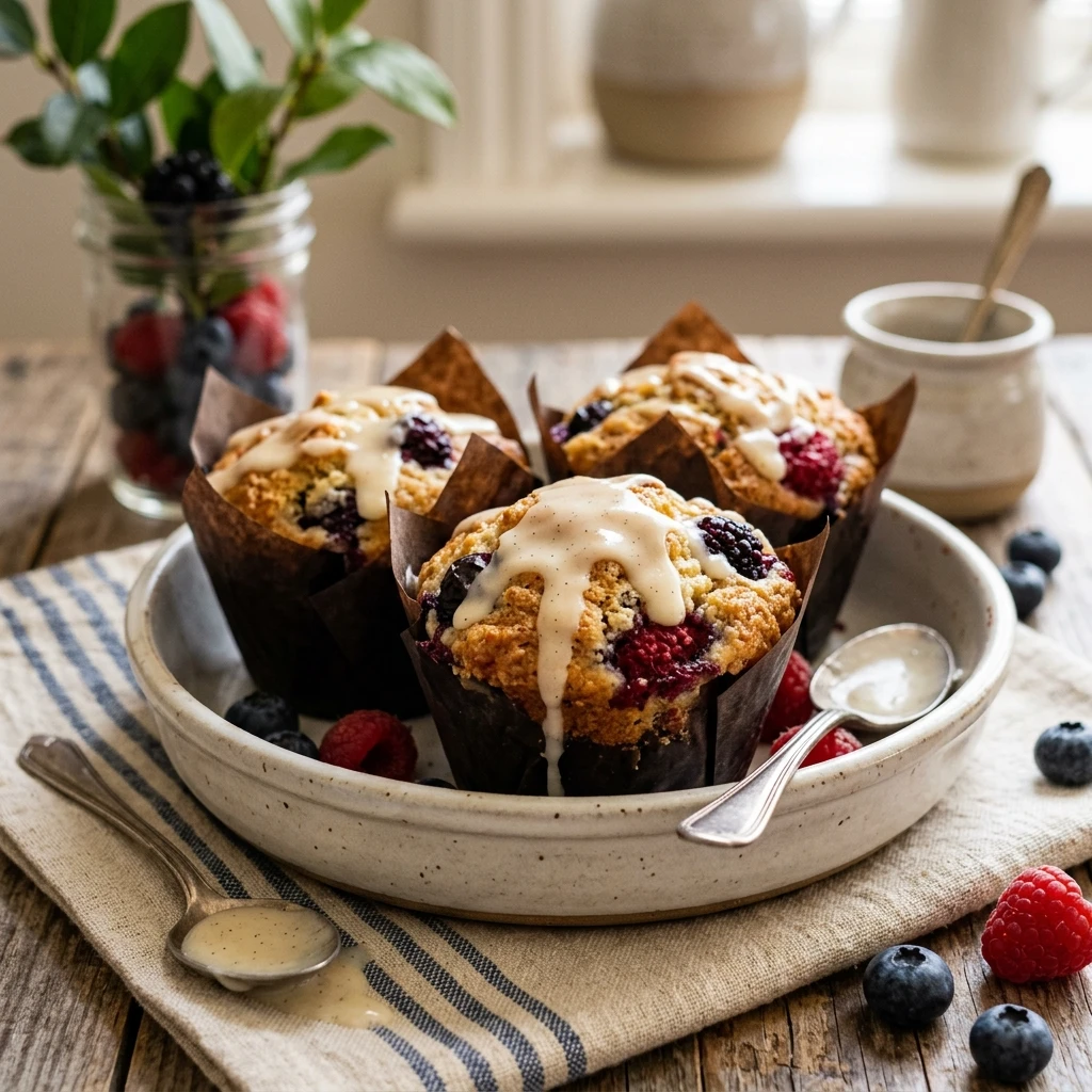 Bakery Style Triple Berry Muffins With Vanilla Glaze
