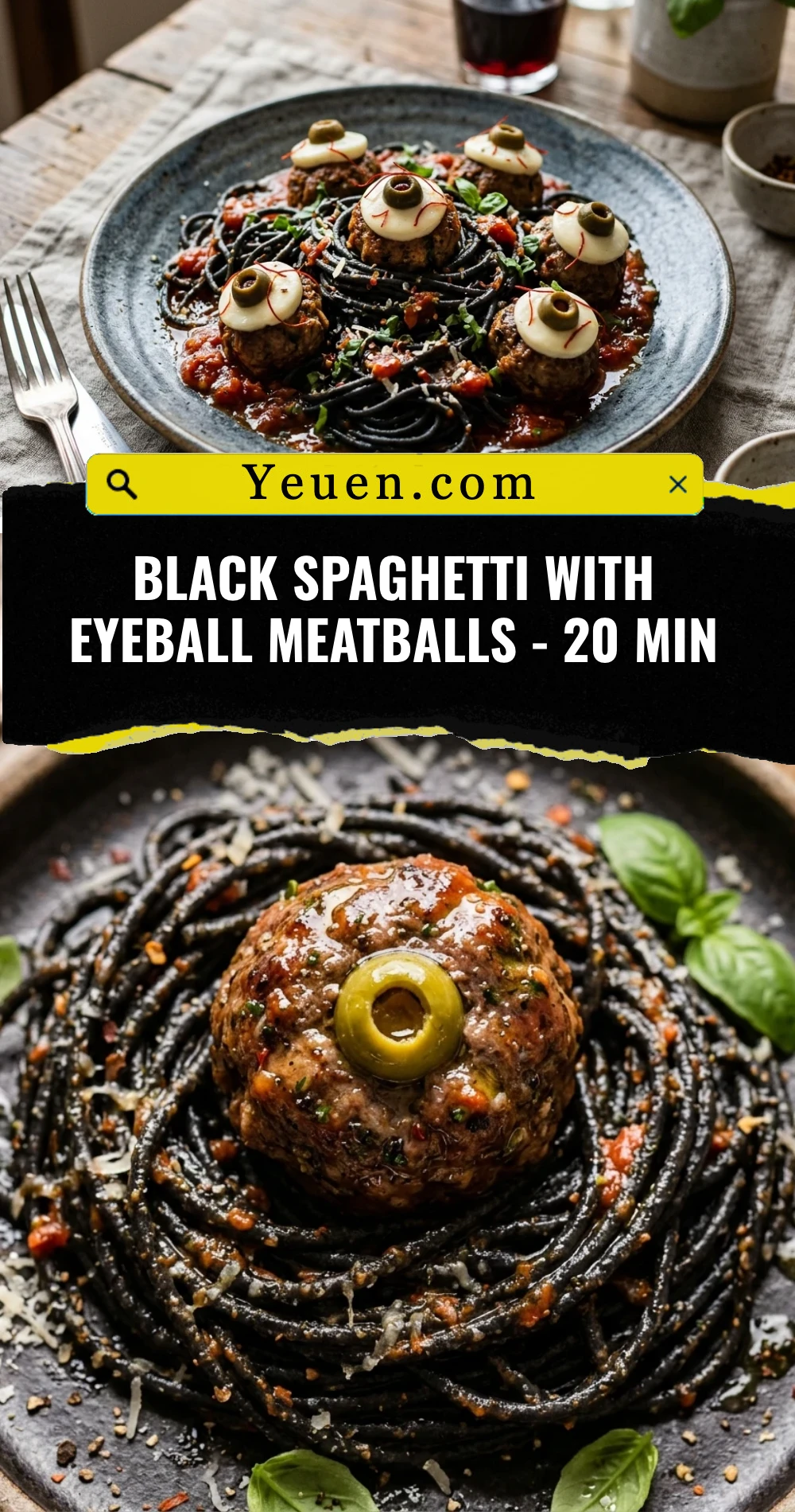 Black Spaghetti With Eyeball Meatballs - 20 Min