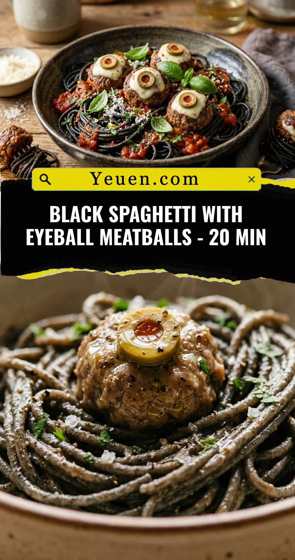 Black Spaghetti With Eyeball Meatballs - 20 Min