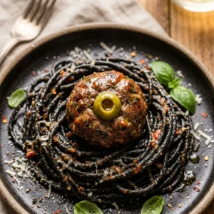Black Spaghetti With Eyeball Meatballs - 20 Min