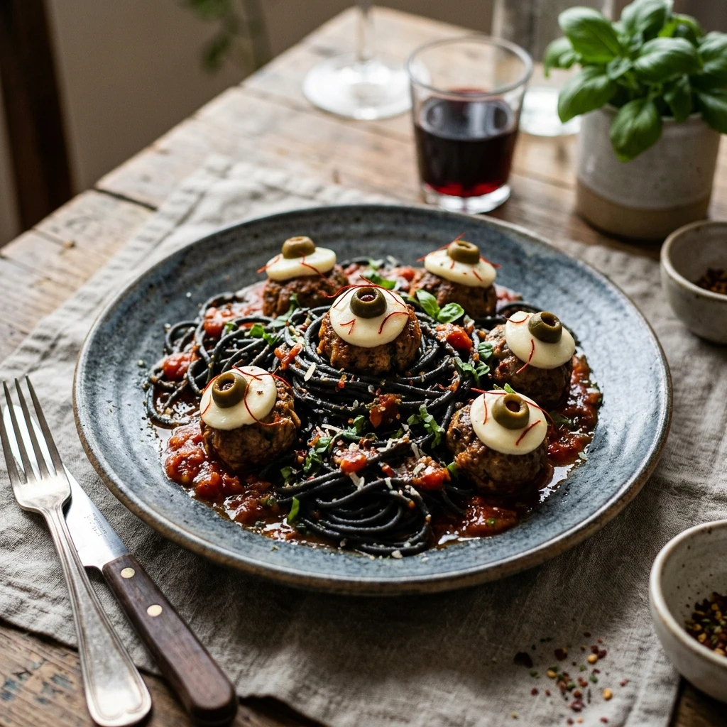 Black Spaghetti With Eyeball Meatballs - 20 Min