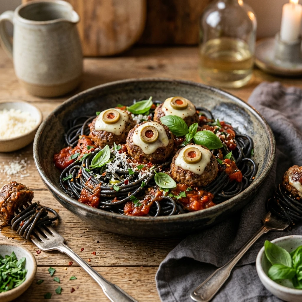 Black Spaghetti With Eyeball Meatballs - 20 Min
