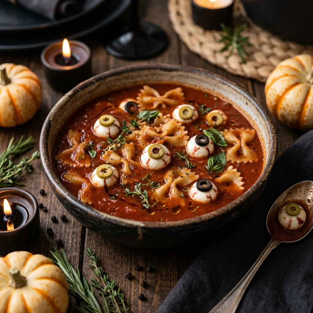 Bloody Eyeball Pasta Soup - Cozy Halloween Dinner