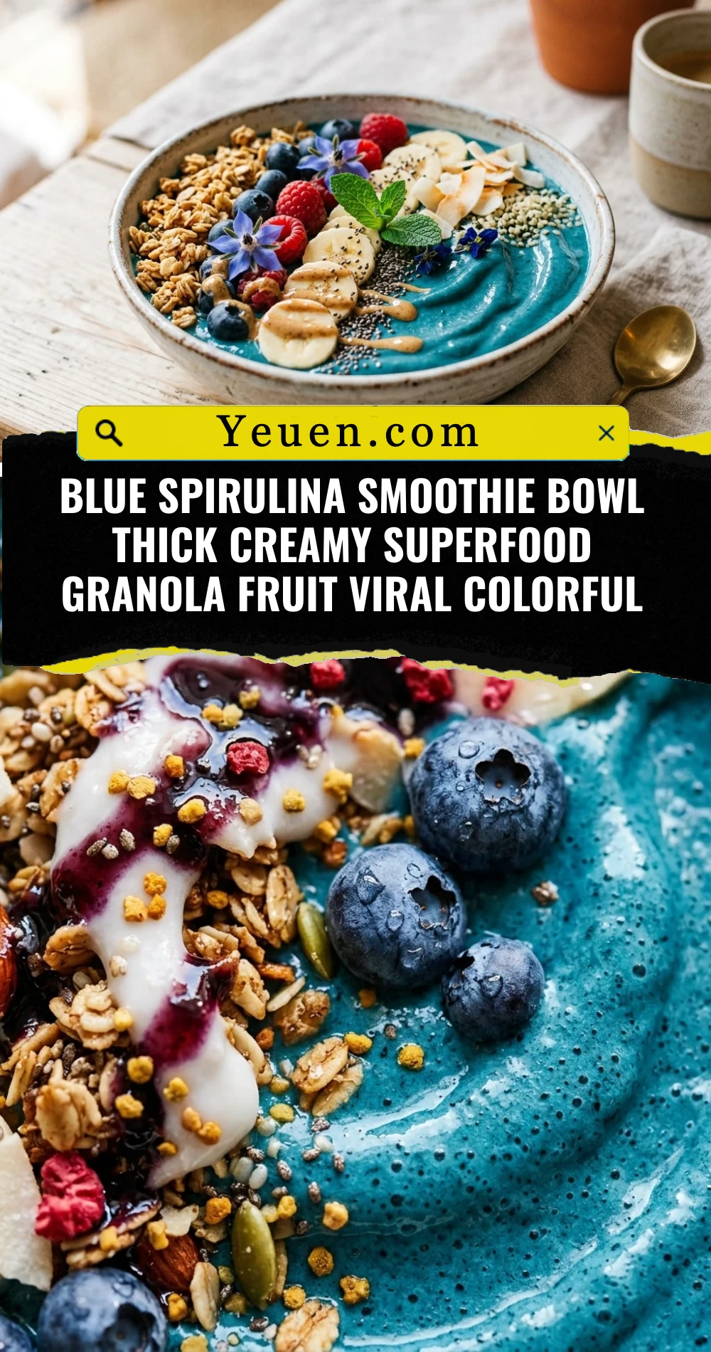 Blue Spirulina Smoothie Bowl Thick Creamy Superfood Granola Fruit Viral Colorful