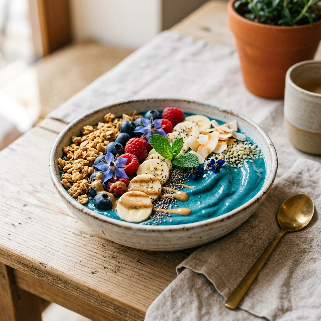 Blue Spirulina Smoothie Bowl Thick Creamy Superfood Granola Fruit Viral Colorful