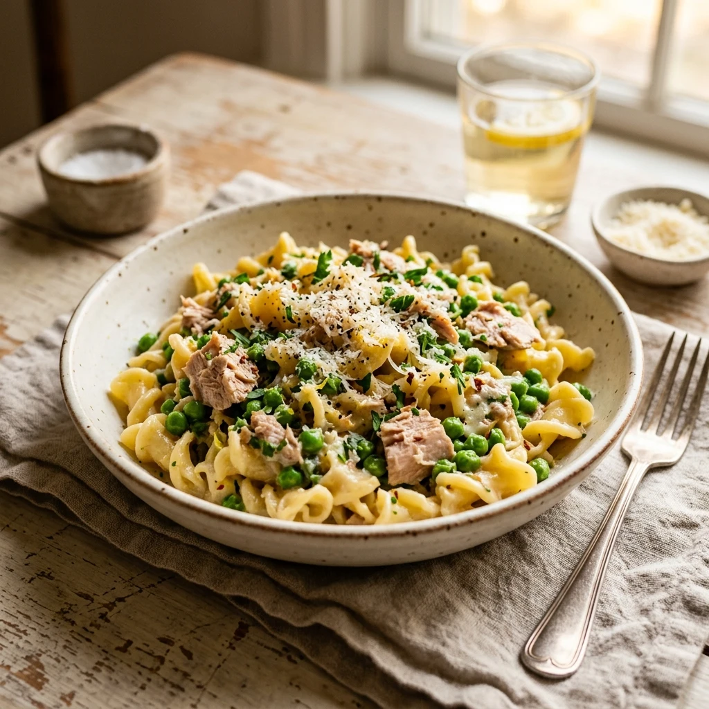 Budget Tuna Pasta With Peas And Parmesan Under $2