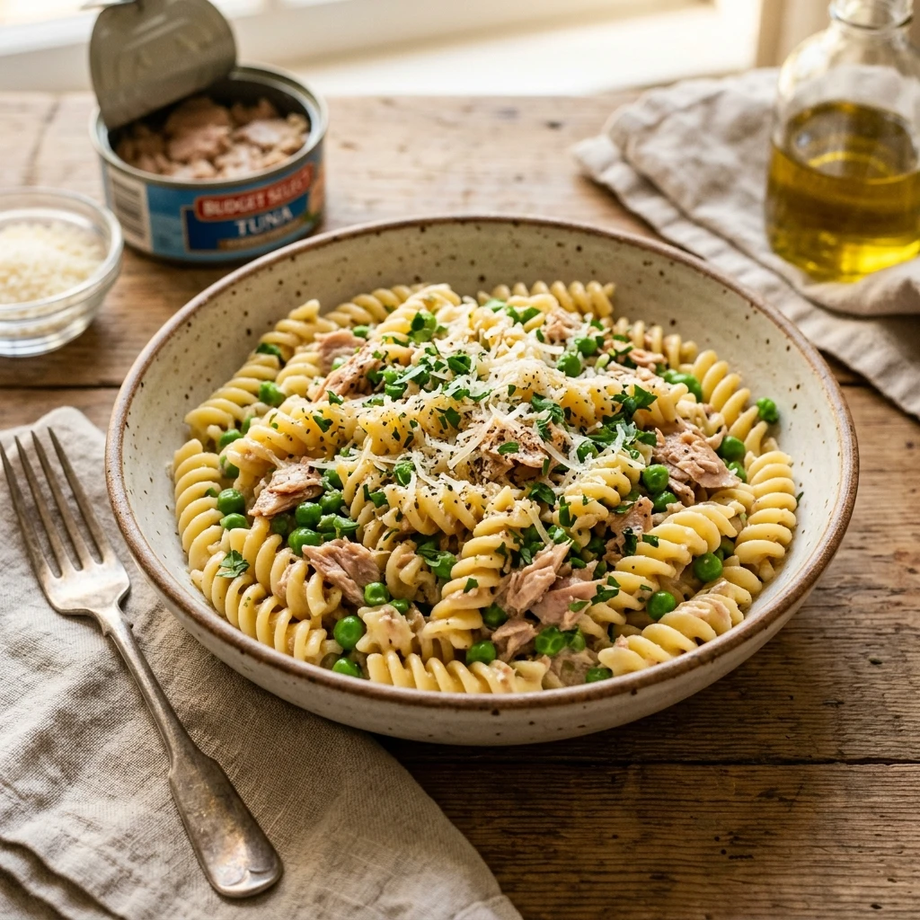Budget Tuna Pasta With Peas And Parmesan Under $2