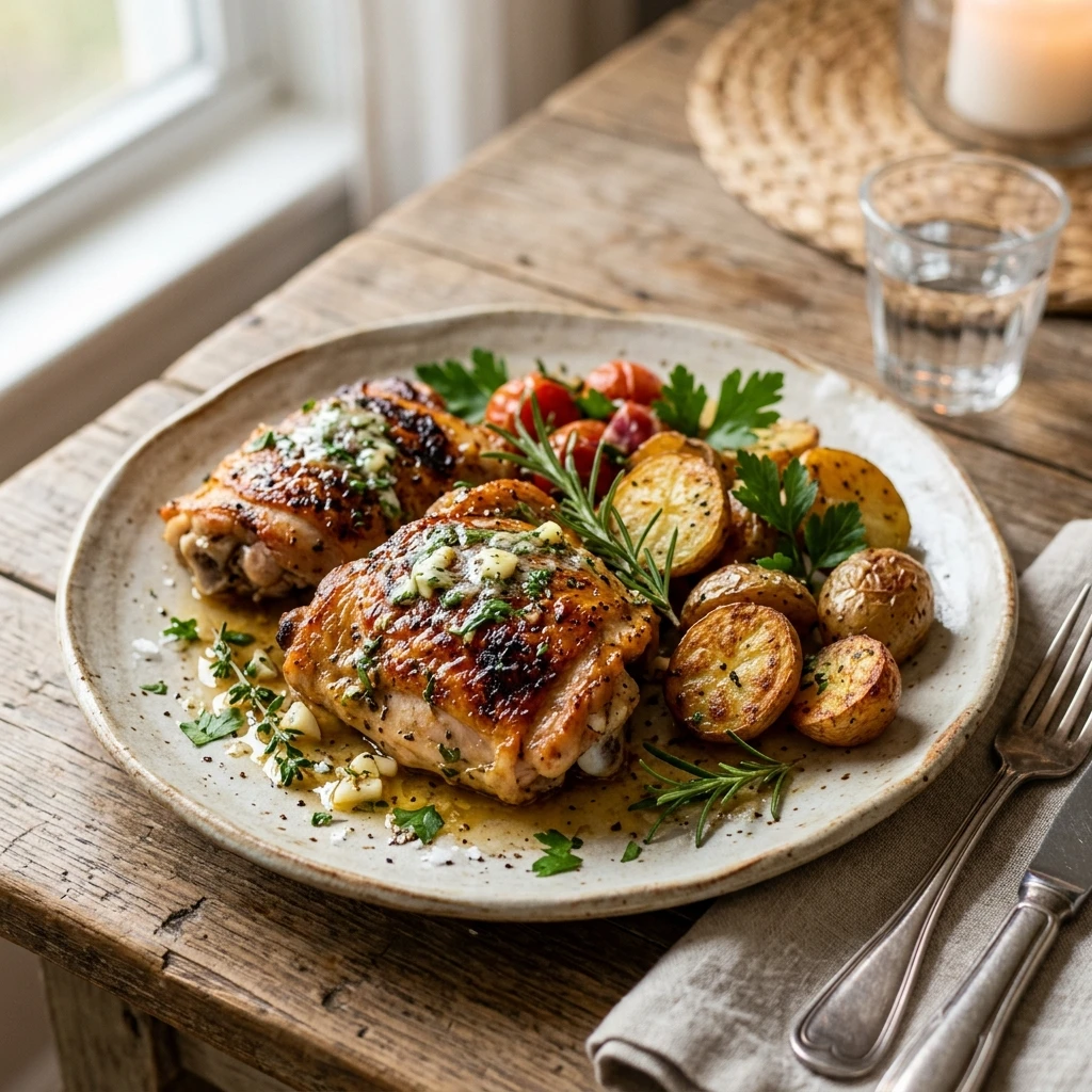 Cheap Chicken Thighs With Garlic Butter And Potatoes Under $3