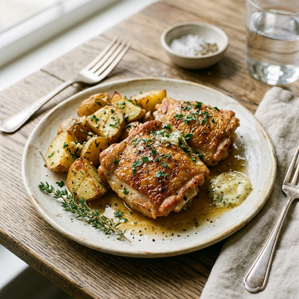 Cheap Chicken Thighs With Garlic Butter And Potatoes Under $3