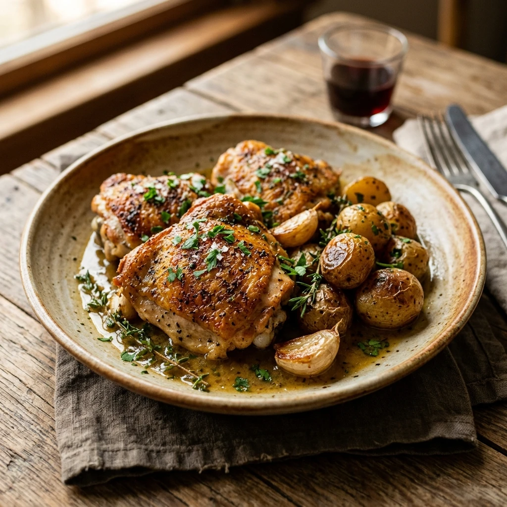 Cheap Chicken Thighs With Garlic Butter And Potatoes Under $3