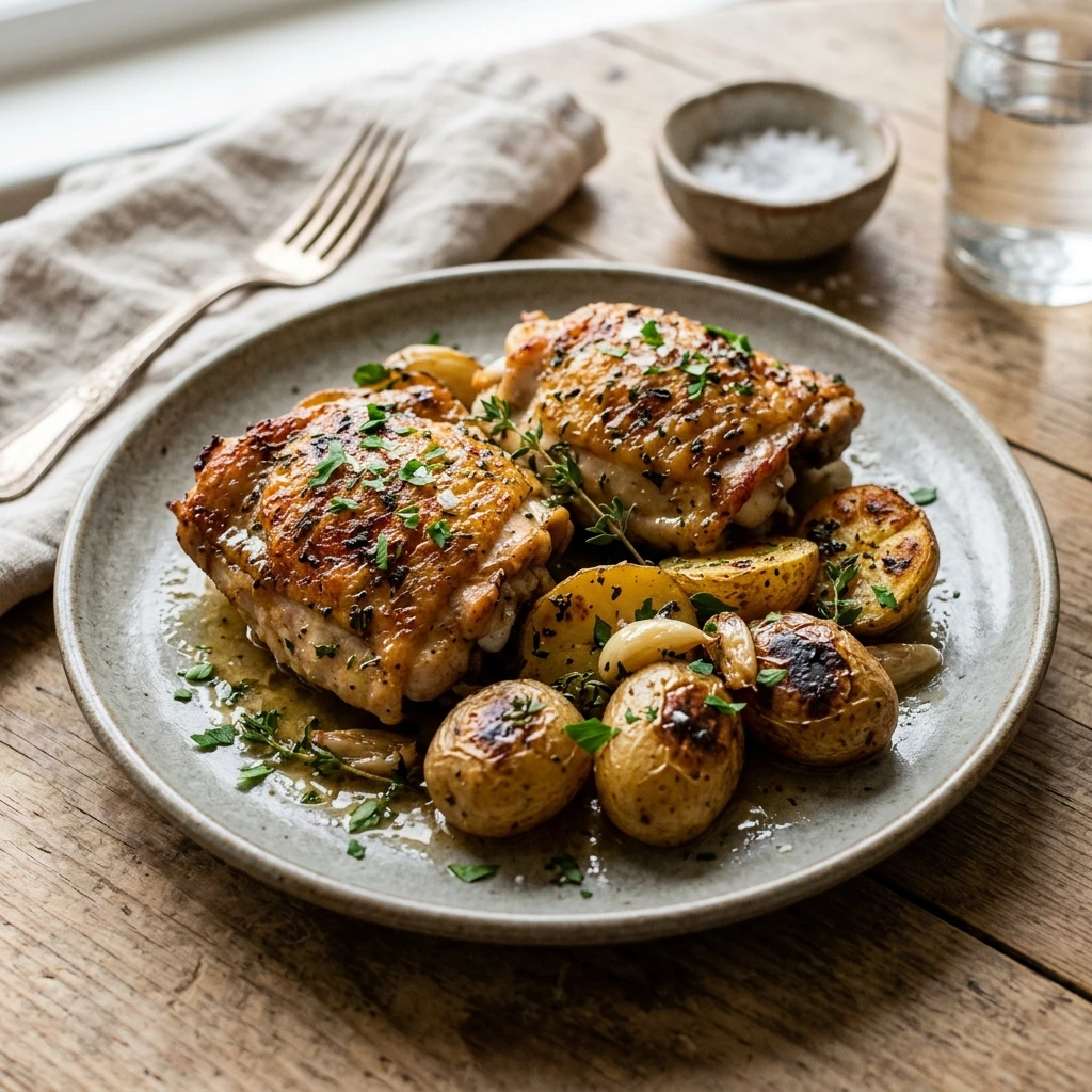 Cheap Chicken Thighs With Garlic Butter And Potatoes Under $3