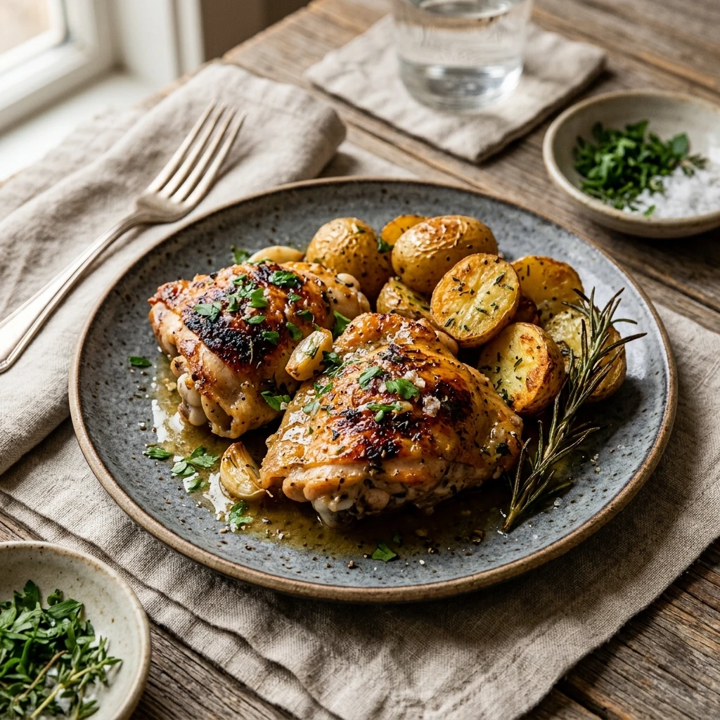 Cheap Chicken Thighs With Garlic Butter And Potatoes Under $3