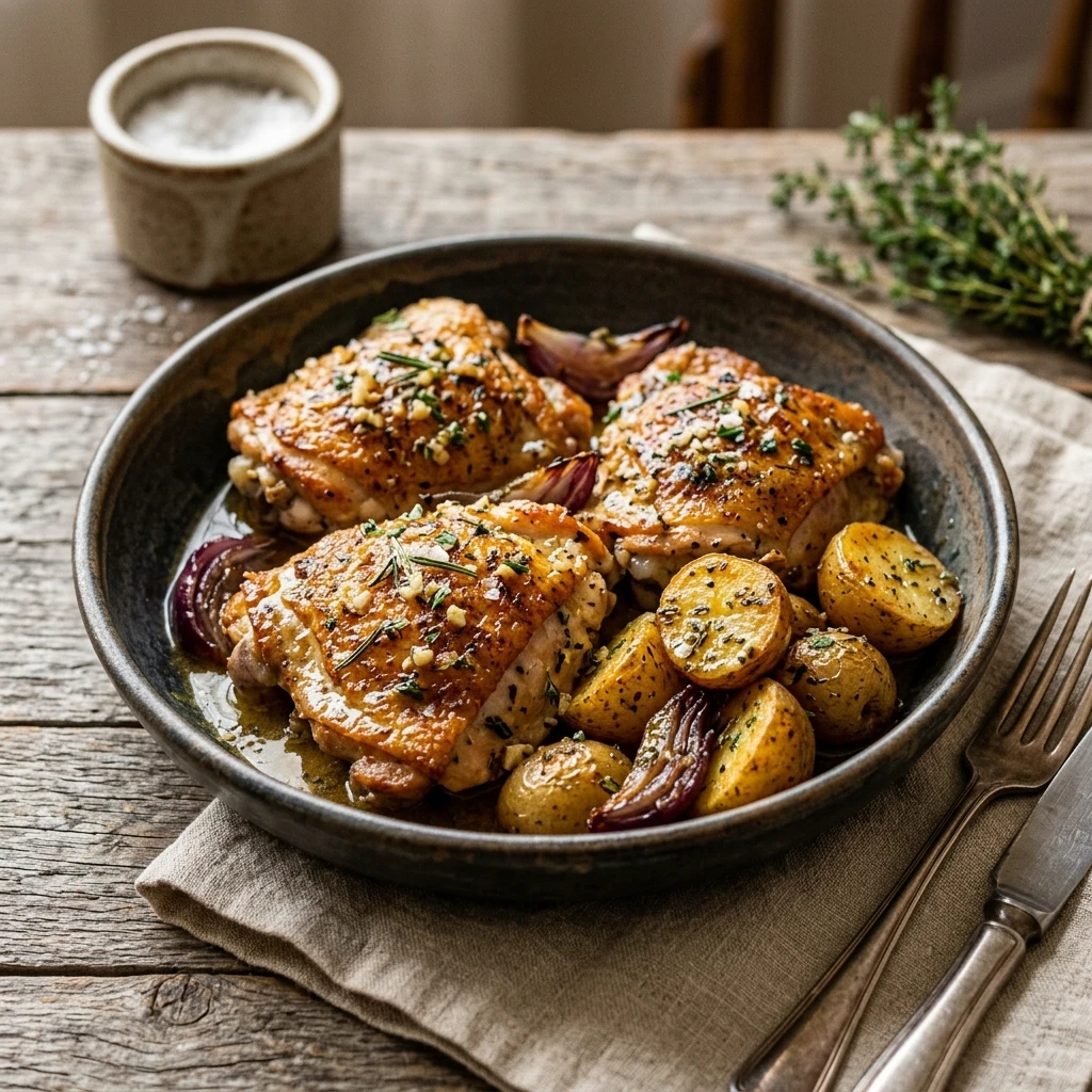 Cheap Chicken Thighs With Garlic Butter And Potatoes Under $3
