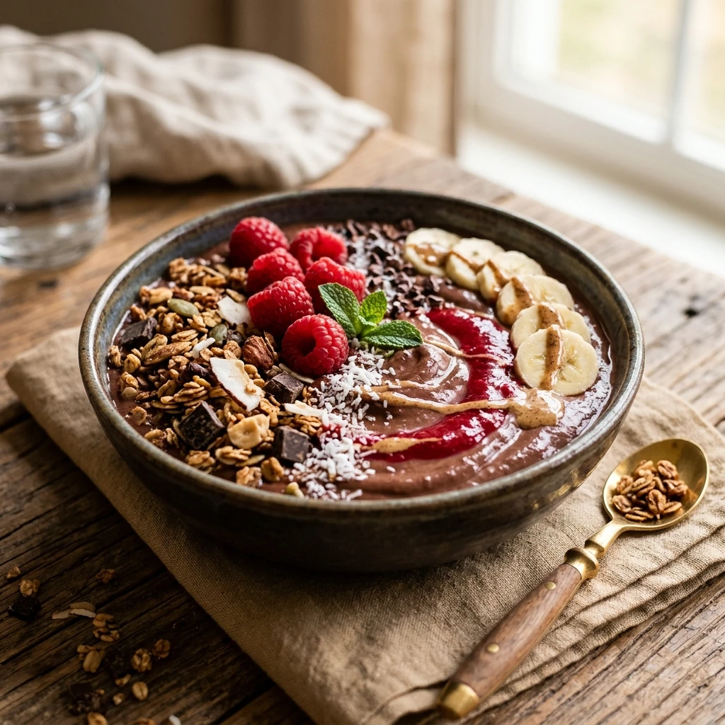 Chocolate Raspberry Smoothie Bowl Thick Creamy Healthy Dessert Breakfast Granola Viral
