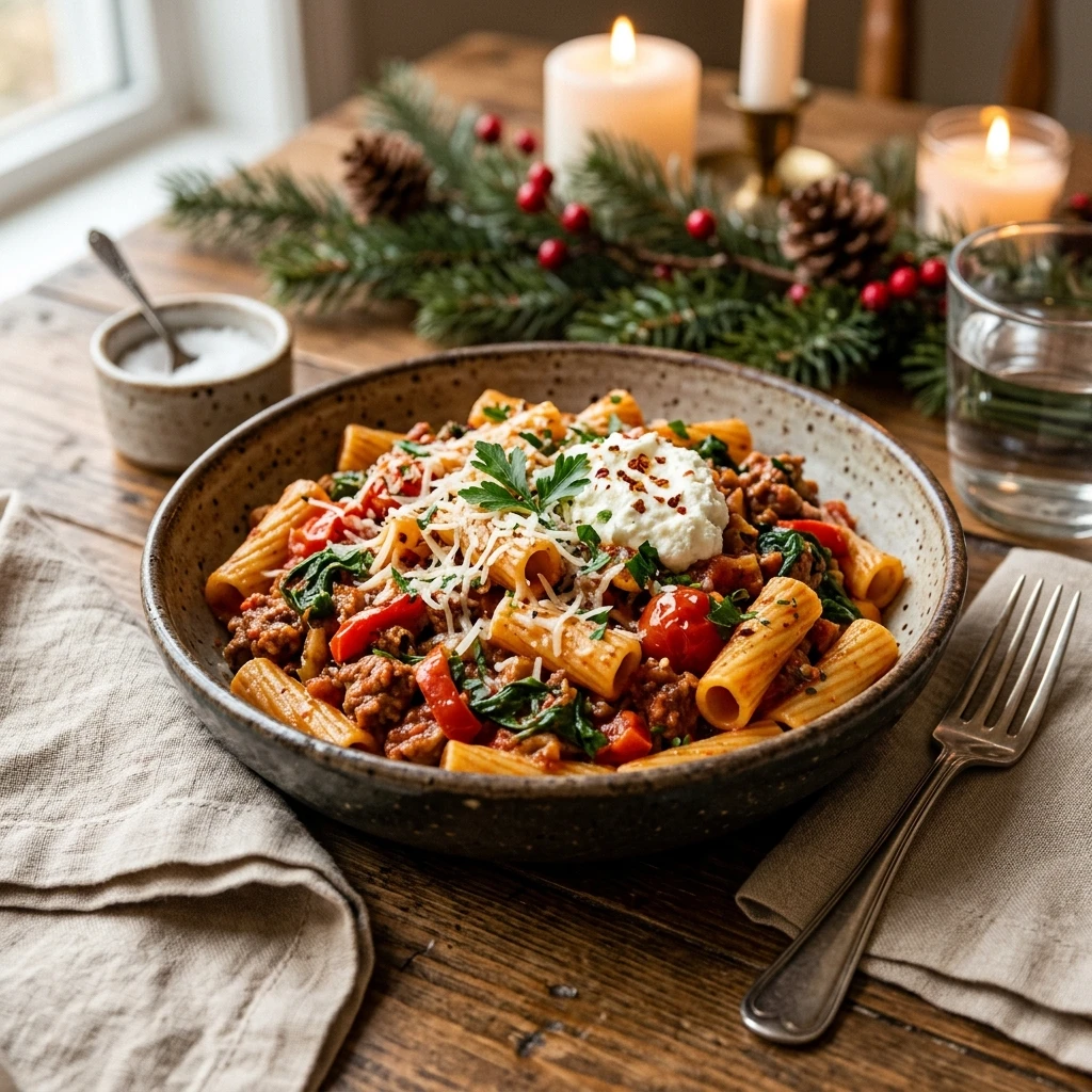 Christmas Pasta Slow Cooker High Protein Under $20 Cozy Winter No Prep