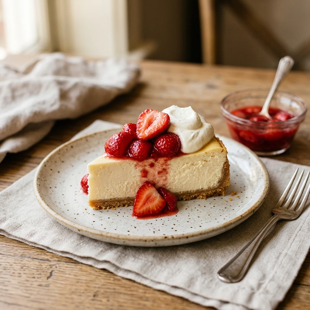 Classic New York Cheesecake With Strawberry Topping Creamy Easy No Fail