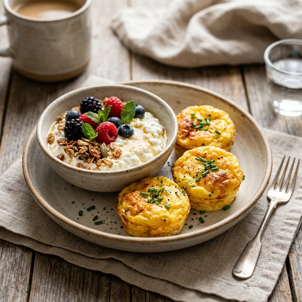 Cottage Cheese Bowl Breakfast 20g+ Easy High Protein Egg Bites 3 Ingredient