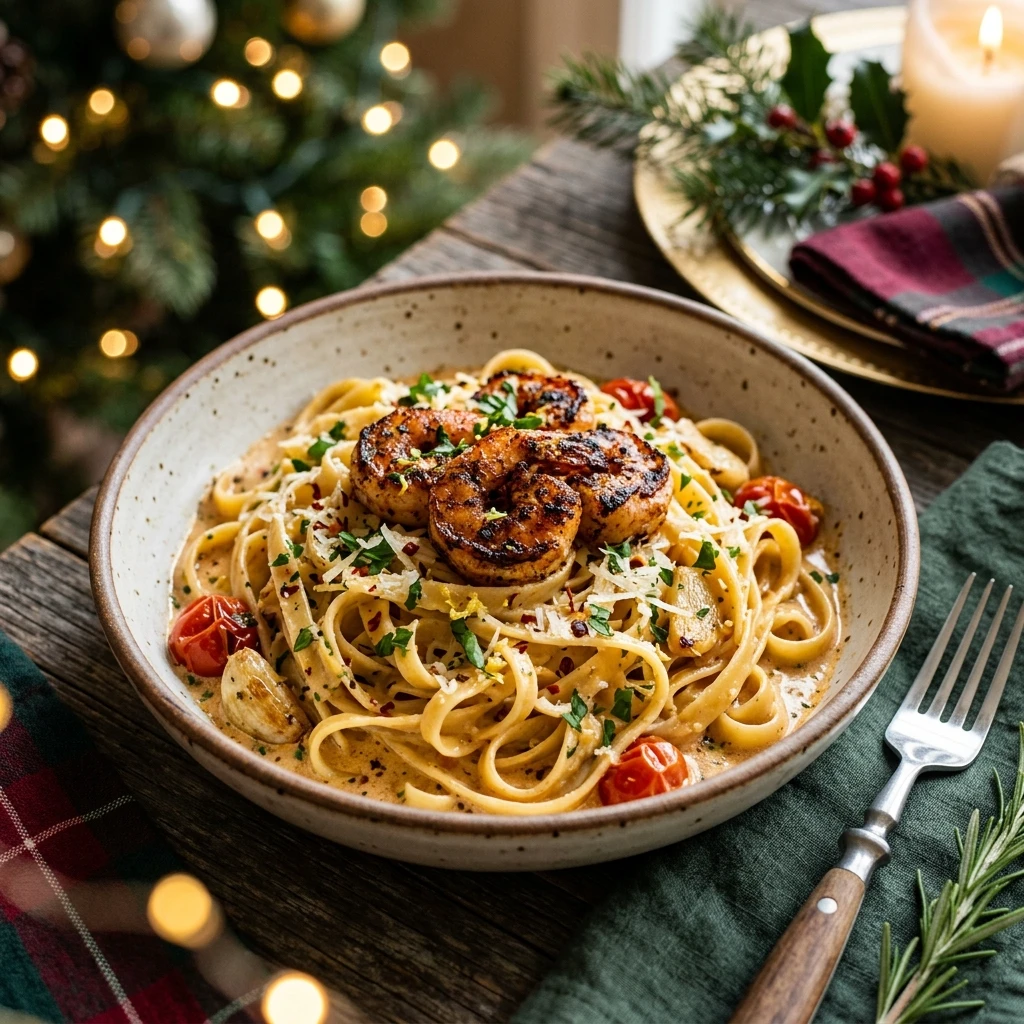 Creamy Blackened Shrimp Pasta Christmas Garlic Butter Seafood Holiday