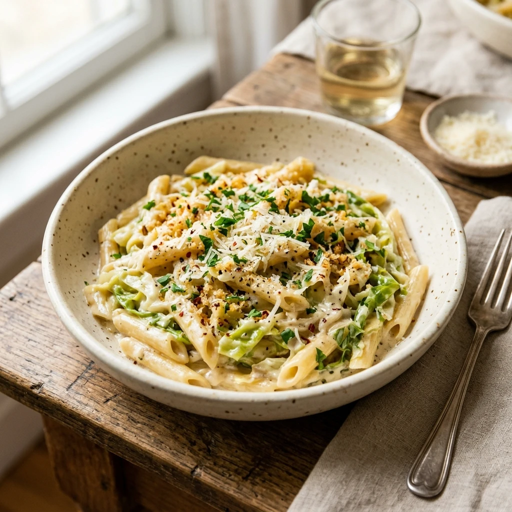 Creamy Cabbage Pasta Garlic Easy Budget $10 Feed Family 4