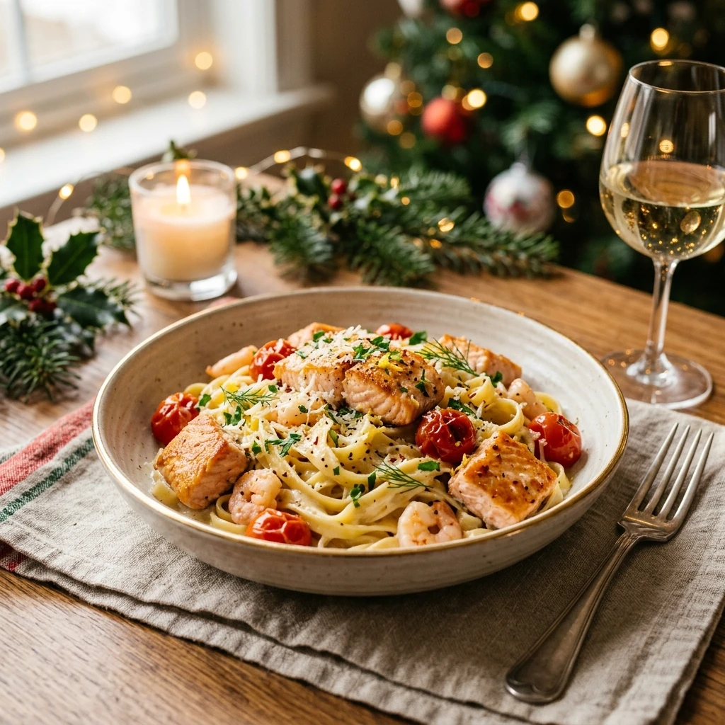 Creamy Garlic Butter Salmon Pasta Christmas Seafood Holiday