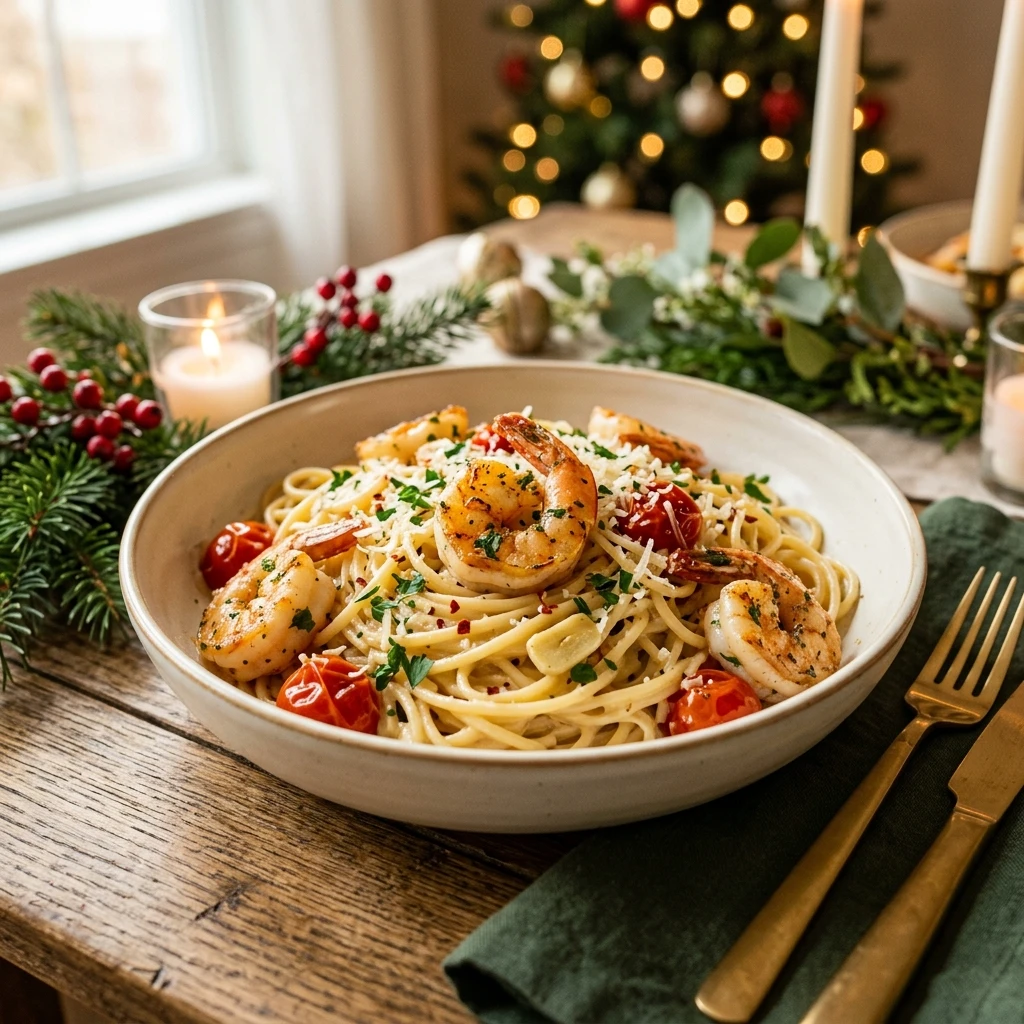 Creamy Garlic Butter Shrimp Pasta Christmas Dinner 20 Minute